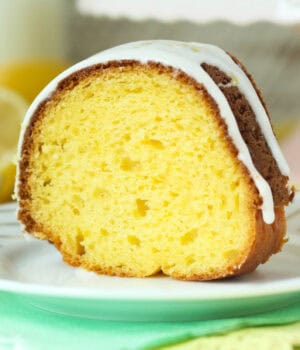 closeup of a slice of lemon cake on a plate