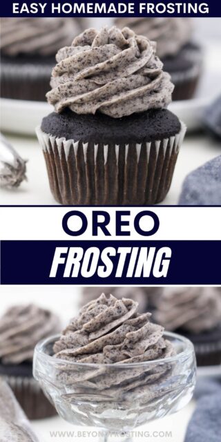 two pictures with a chocolate cupcake and Oreo frosting titled "Oreo Frosting. Easy Homemade Frosting"