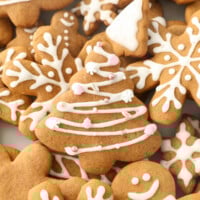 Christmas tree shaped gingerbread cookie with icing and sprinkles