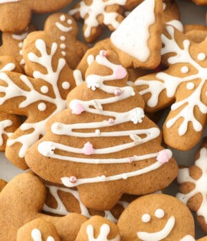 Christmas tree shaped gingerbread cookie with icing and sprinkles