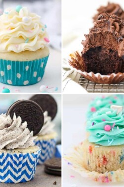 A collage of 4 decorate cupcakes, vanilla, chocolate, Oreo and Funfetti cupcakes