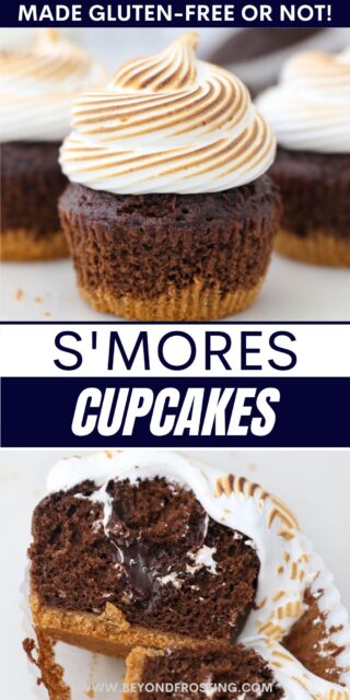 Pinterest images of two s'mores cupcakes with text overlay