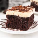 closeup of a square slice of chocolate cake topped with chocolate ganache.