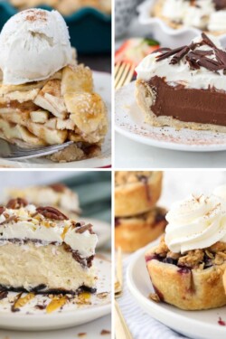 A collage of 4 homemade pie slices, apple, chocolate, Turtle and mini blueberry pies