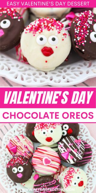 Pinterest images of chocolate covered Valentines day Oreos with text overlay