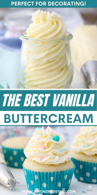 Pinterest graphic of two images of vanilla frosting, one in a jar and one frosted cupcake. Text overlay on top.