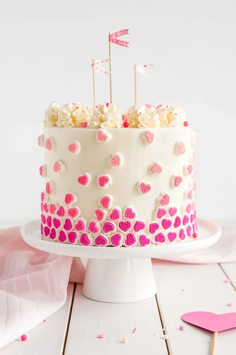 A frosted cake decorated with ombre heart candies on a white cake plate