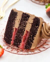 A slice of frosted chocolate strawberry layer cake with strawberry filling, laying on its side on a plate.