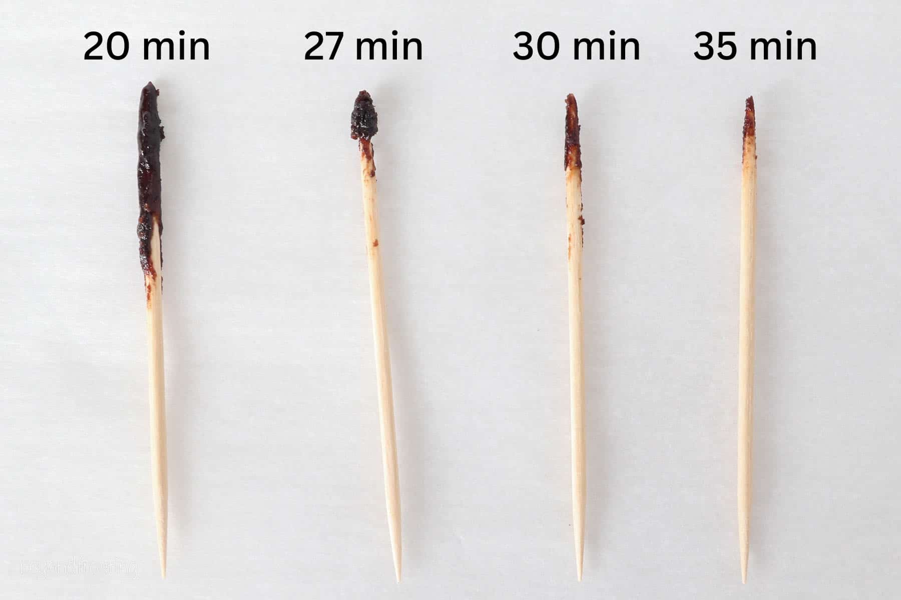 4 toothpicks that have been dipped in brownie batter, with text overlay