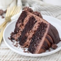 A slice of French silk chocolate layer cake on a white plate.