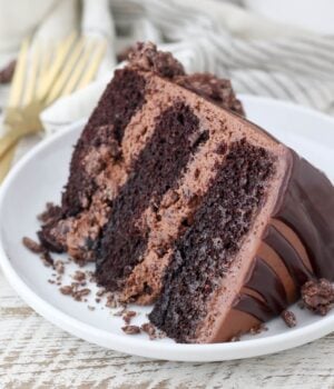 A slice of French silk chocolate layer cake on a white plate.
