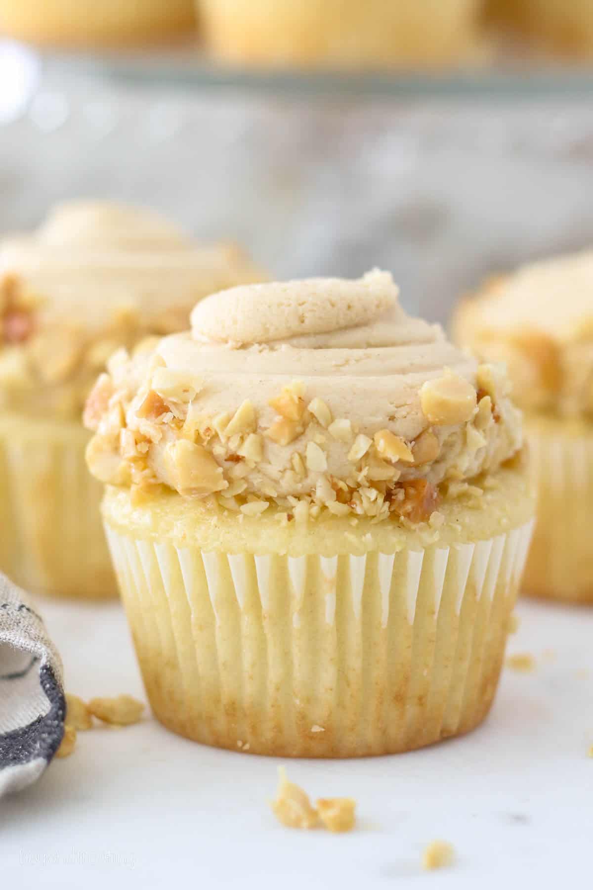 closeup side view of a vanilla cupcake topped with frosting and crushed peanuts.