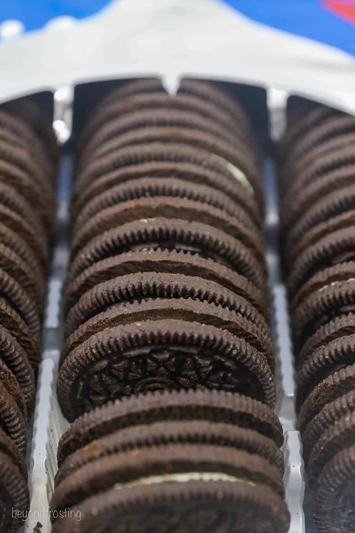 Close up of rows of Oreo cookies inside a sleeve.