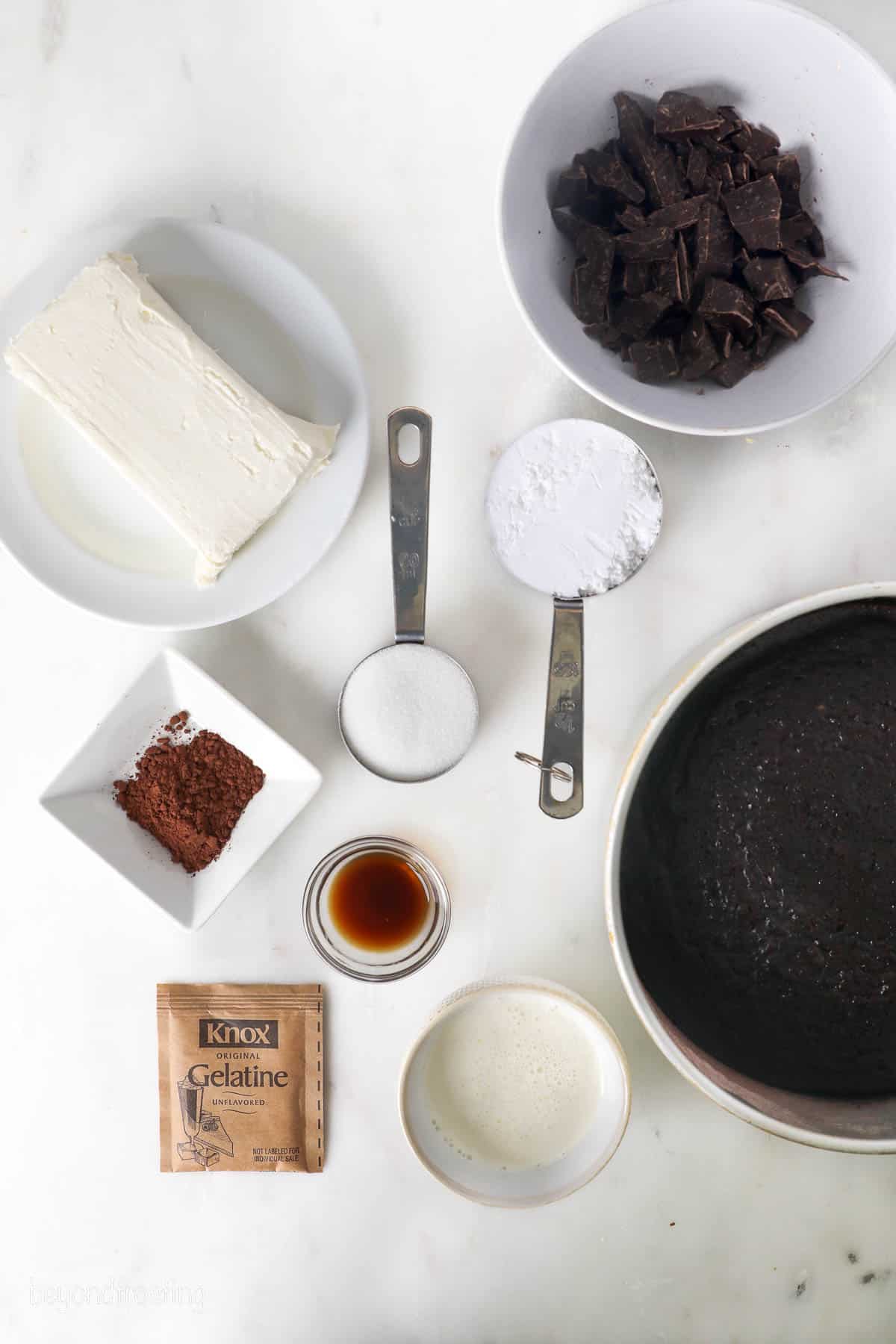 Ingredients for a Chocolate Mousse cake laid out on the table