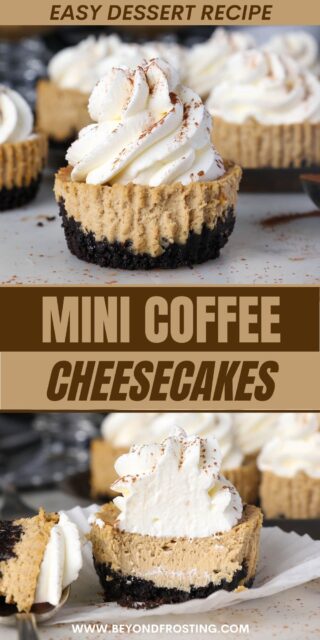 A pinterest images for Mini Coffee Cheesecakes with two images and text overlay