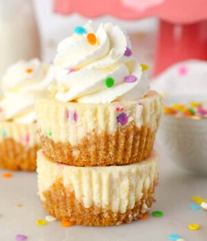 Two mini funfetti cheesecakes stacked on top of one another, with the top cheesecake decorated with a swirl of whipped cream and sprinkles.