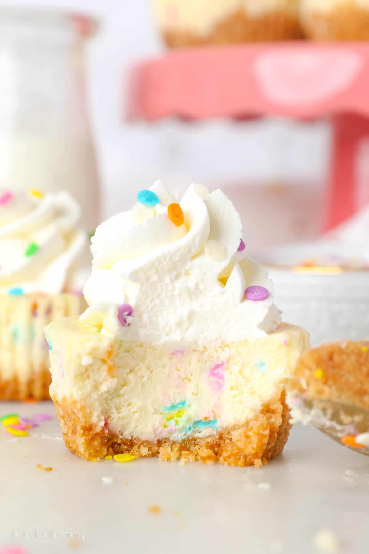 A mini funfetti cheesecake topped with a swirl of whipped cream and sprinkles with a bite missing.