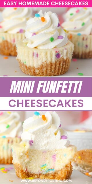 Pinterest title image for Mini Funfetti Cheesecakes.