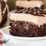 closeup side view of a slice of chocolate cake on a plate.