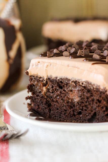 side view of a slice of poke cake on a plate.