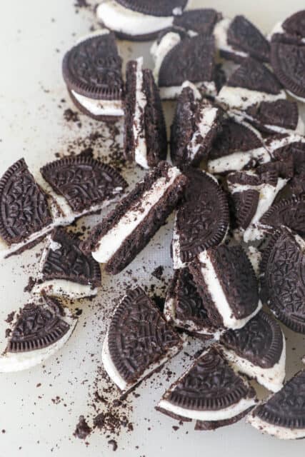 Overhead view of Oreos chopped into quarters.