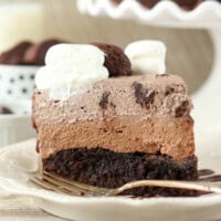 side view of a slice of mousse cake next to a fork on a plate.