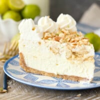 side view of a slice of mousse pie on a plate.