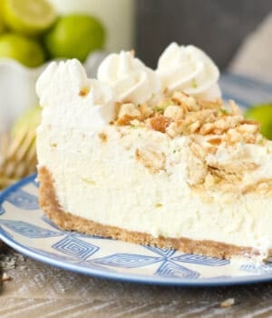 side view of a slice of mousse pie on a plate.