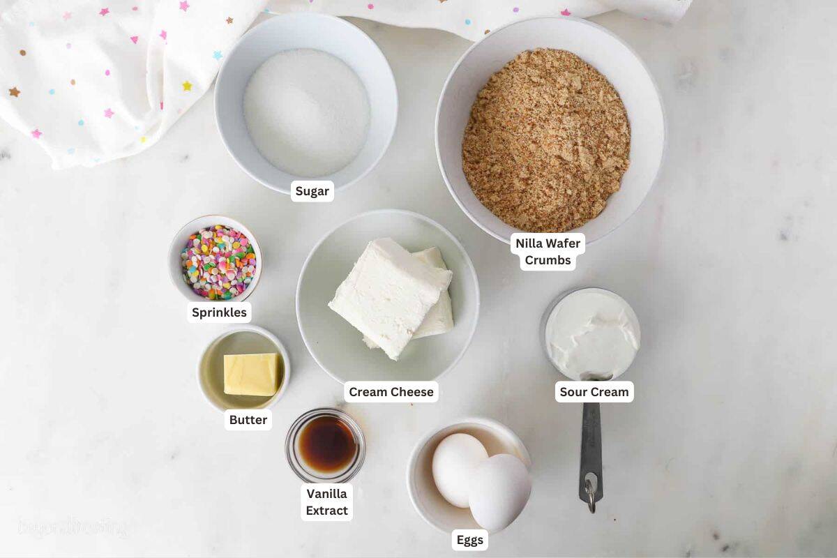 Ingredients for Mini Funfetti Cheesecakes.