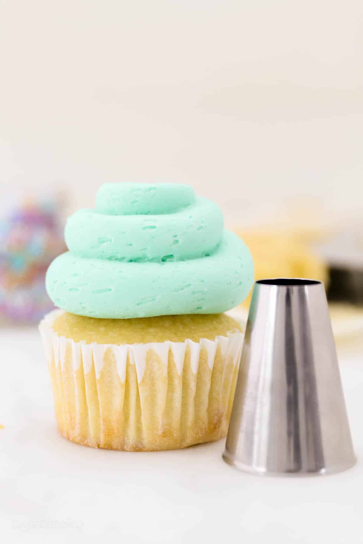 A cupcake frosted with a swirl of teal buttercream piped from am Ateco 808 piping tip.
