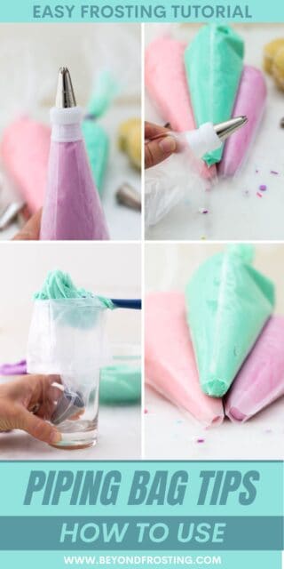 Pinterest collage images of assembling a piping bag with piping tips, and text overlay