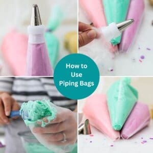Collage images of assembling a piping bag with piping tips, and text overlay