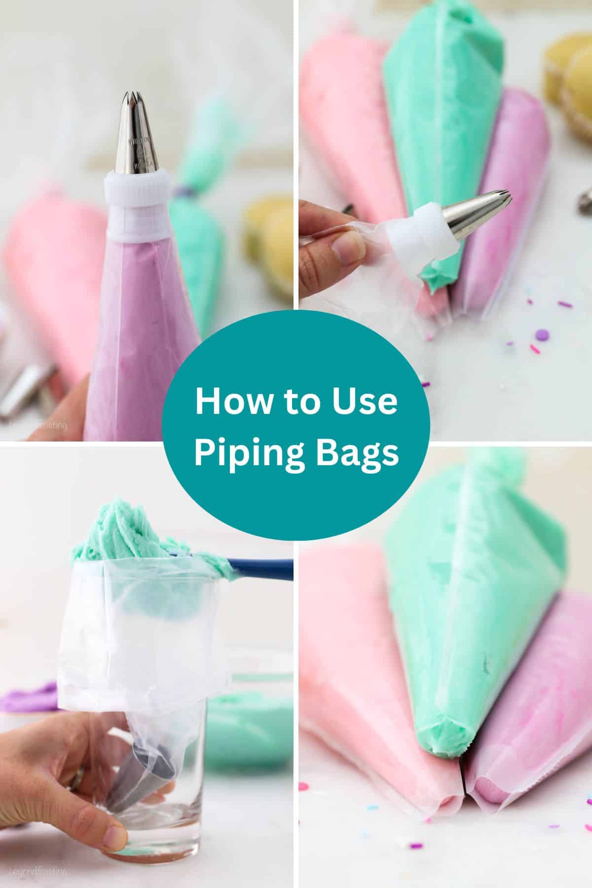 Collage images of assembling a piping bag with piping tips, and text overlay