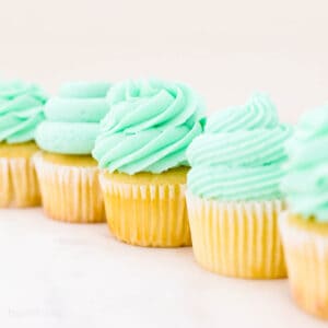 A row of vanilla cupcakes topped with swirls of teal frosting, piped with various piping tips.
