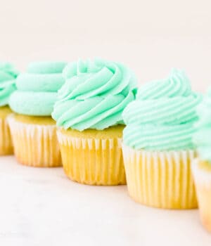 A row of vanilla cupcakes topped with swirls of teal frosting, piped with various piping tips.