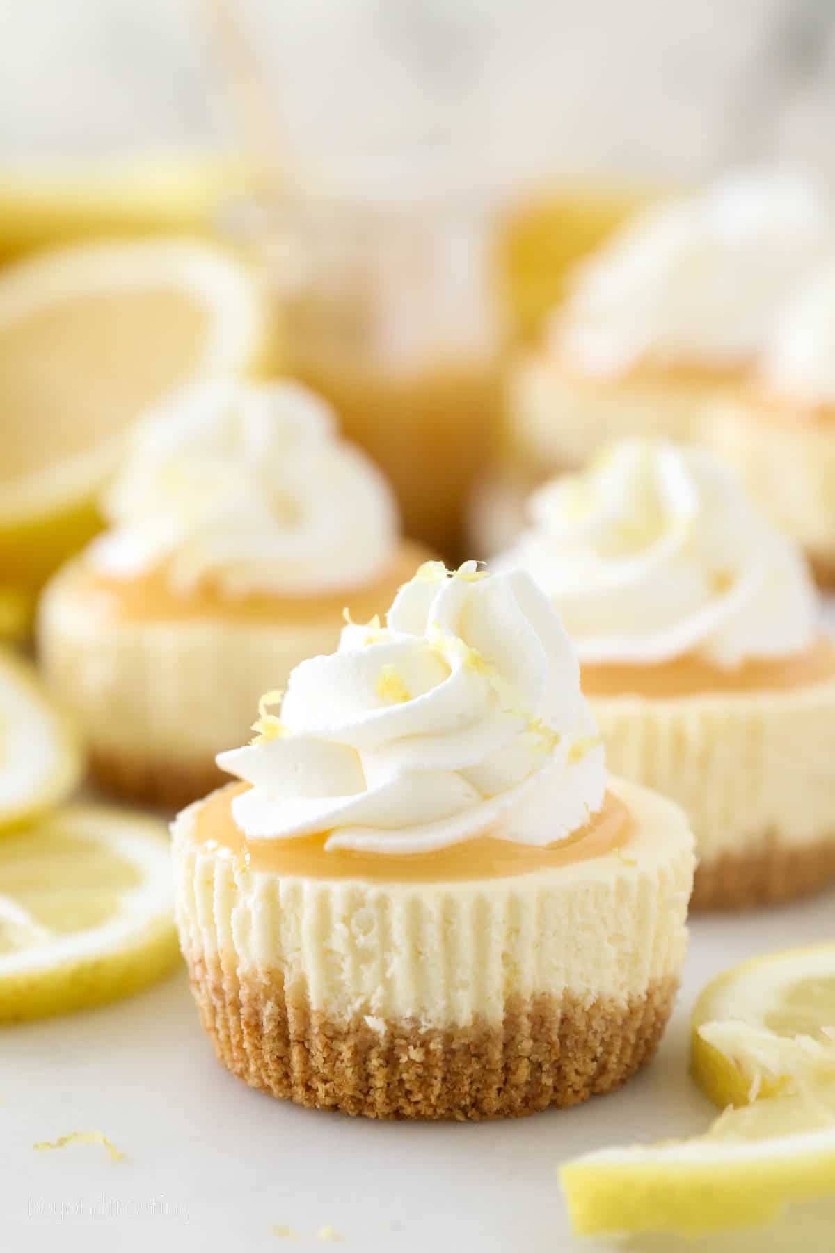 A mini lemon cheesecake topped with lemon curd and a swirl of whipped cream, with more mini cheesecakes in the background.