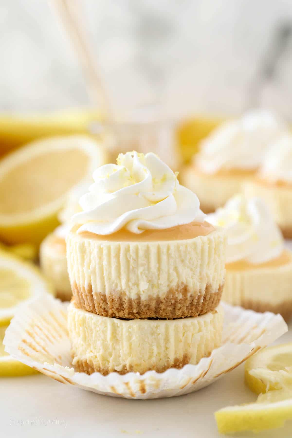 Two mini lemon cheesecakes stacked on top of one another, with a swirl of whipped cream on the top cheesecake.