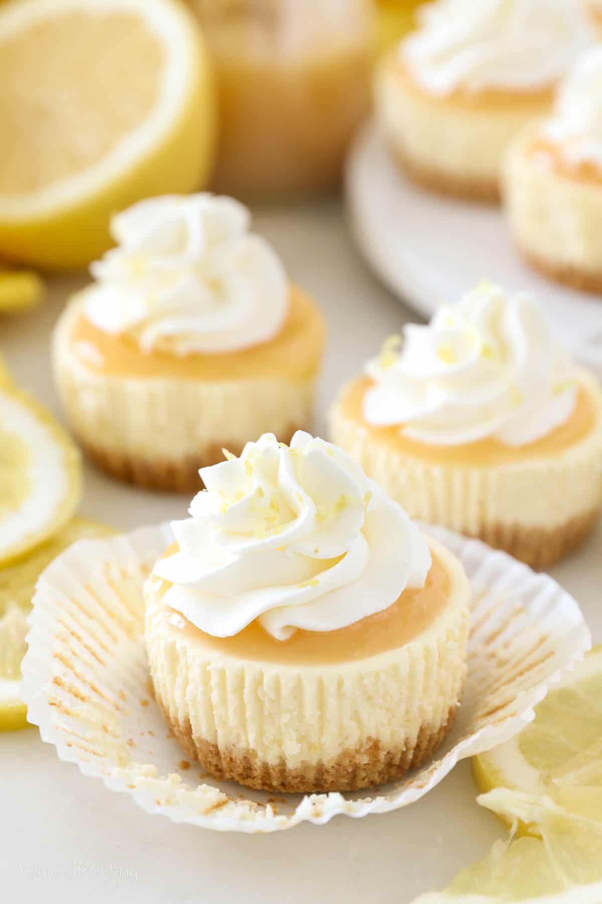 A partially unwrapped mini lemon cheesecake topped with whipped cream, surrounded by more mini cheesecakes.