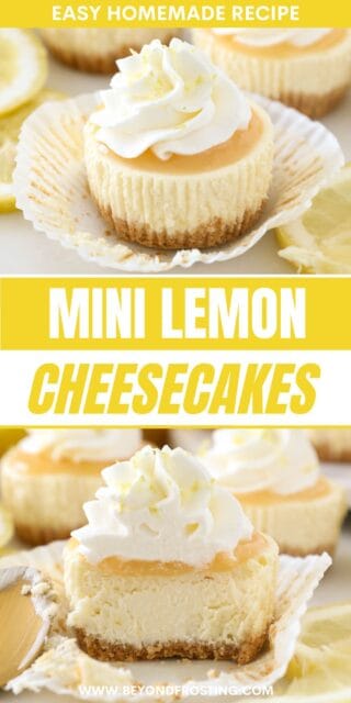 Pinterest title image for Mini Lemon Cheesecakes.