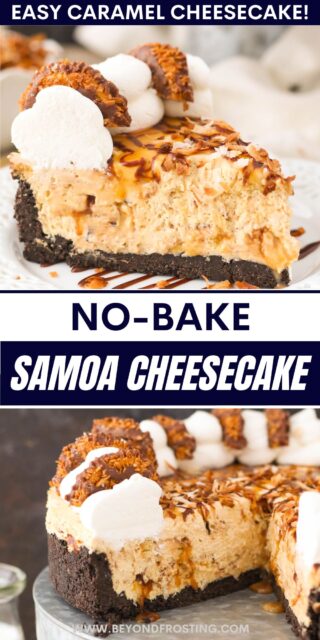 Pinterest image for NO-Bake Samoa cheesecake with text overlay
