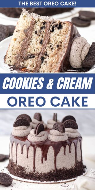 Pinterest image for Cookies and Cream Cake with blue and white text overlay