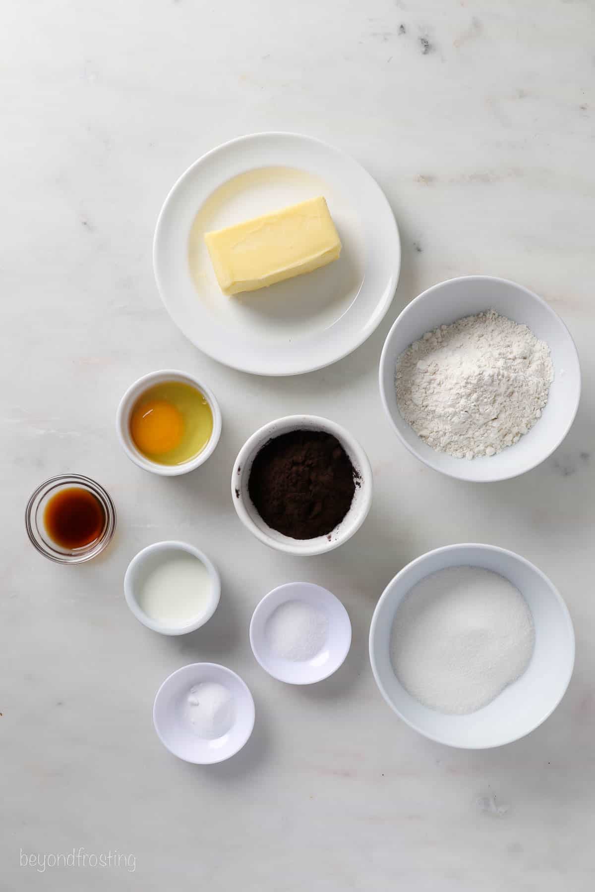 The ingredients for chocolate cutout sugar cookies.