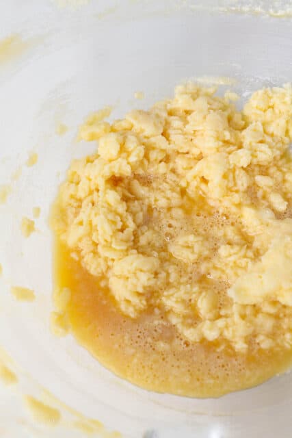 Cookie dough ingredients added to a glass bowl.