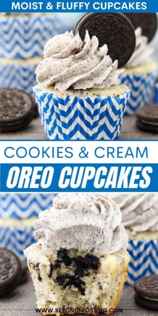 Pinterest images for Cookies and Cream Oreo Cupcakes with text overlay