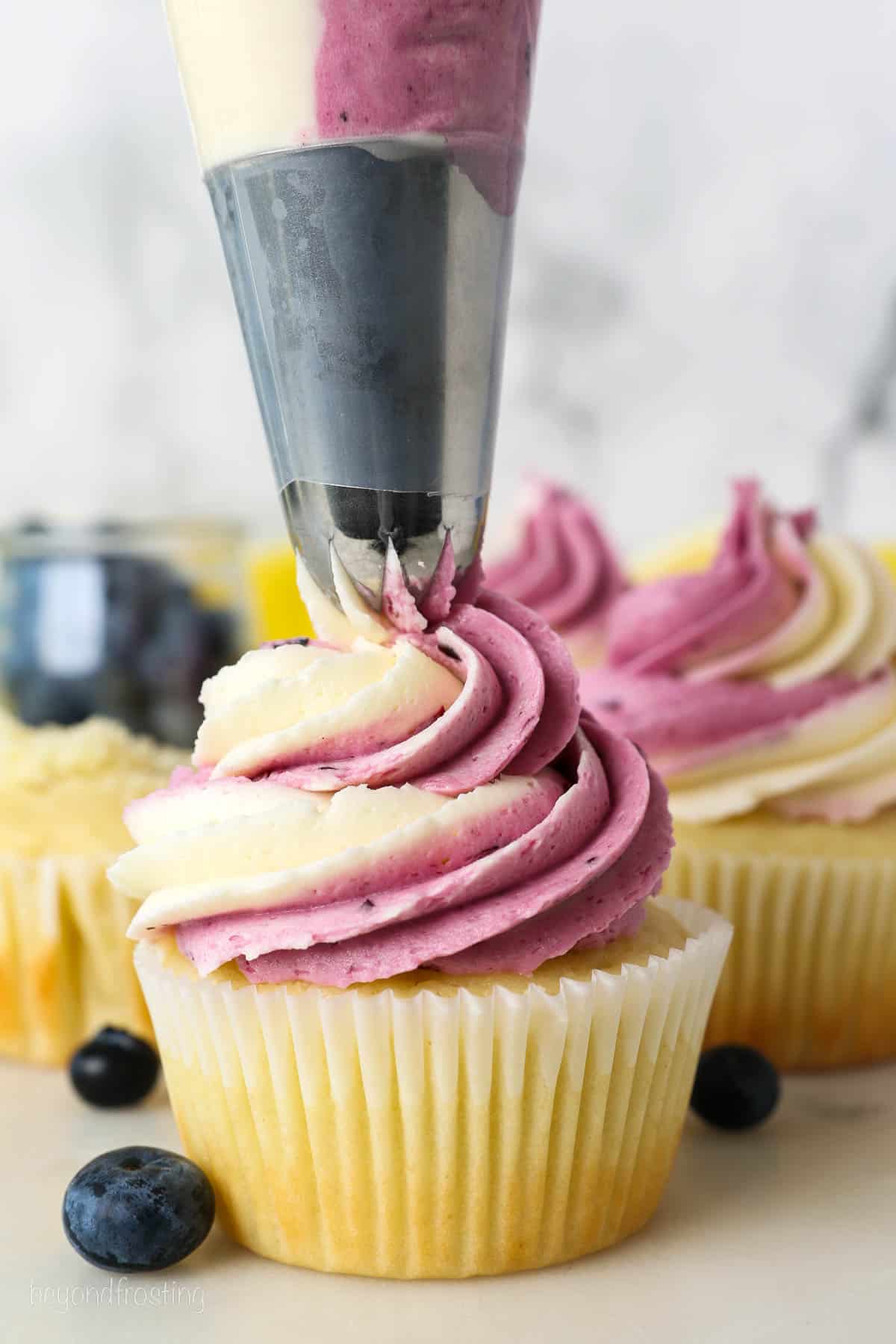 A cupcake being frosted with a swirled vanilla and blueberry buttercream