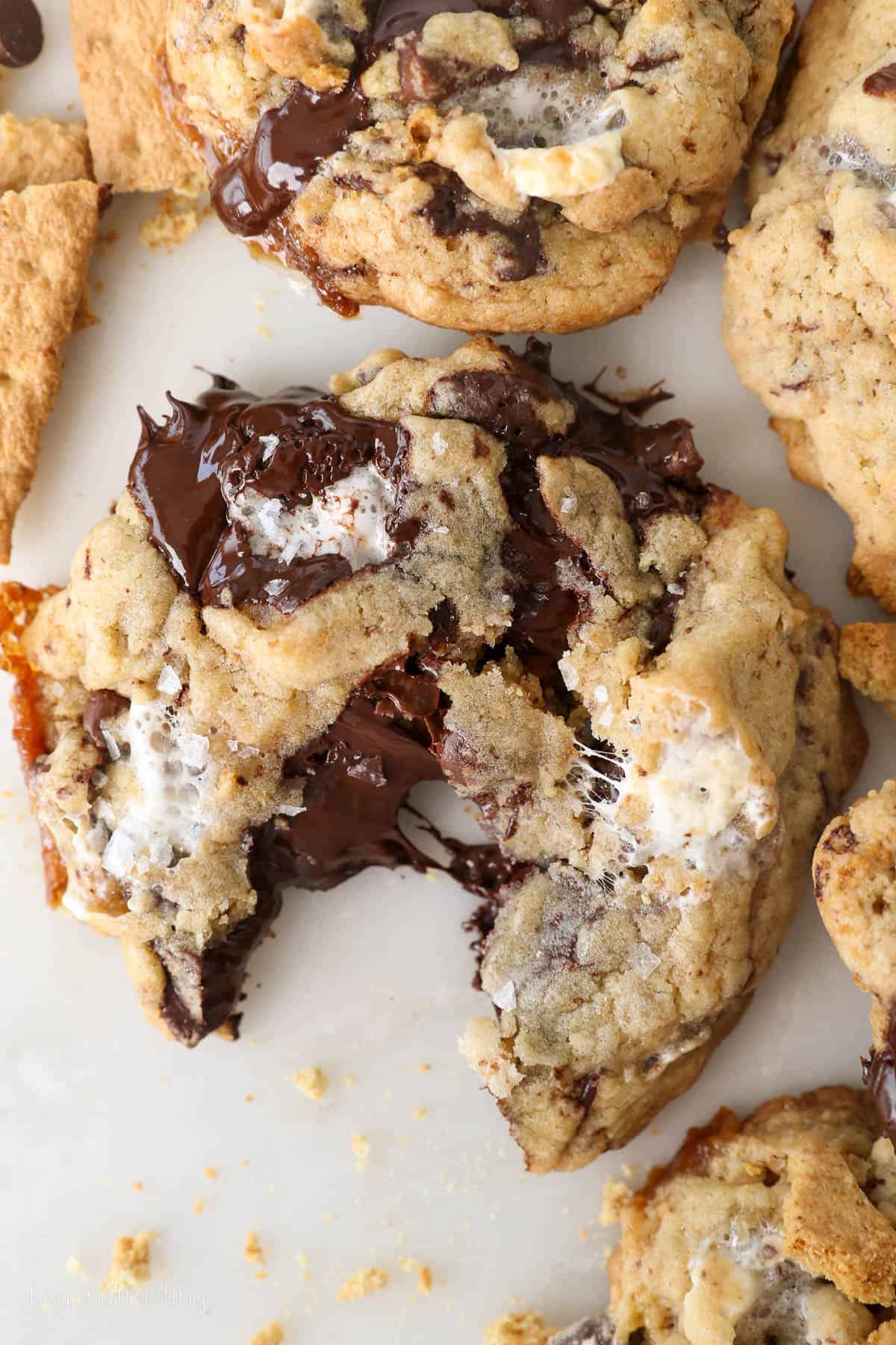 Close up of a s'mores cookie with a bite missing, surrounded by more cookies.
