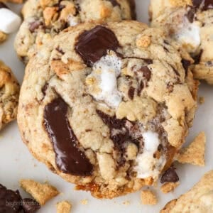 Close up of assorted s'mores cookies on a white countertop.