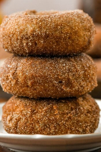 Three apple cider donuts stacked on top of one another on a white plate.