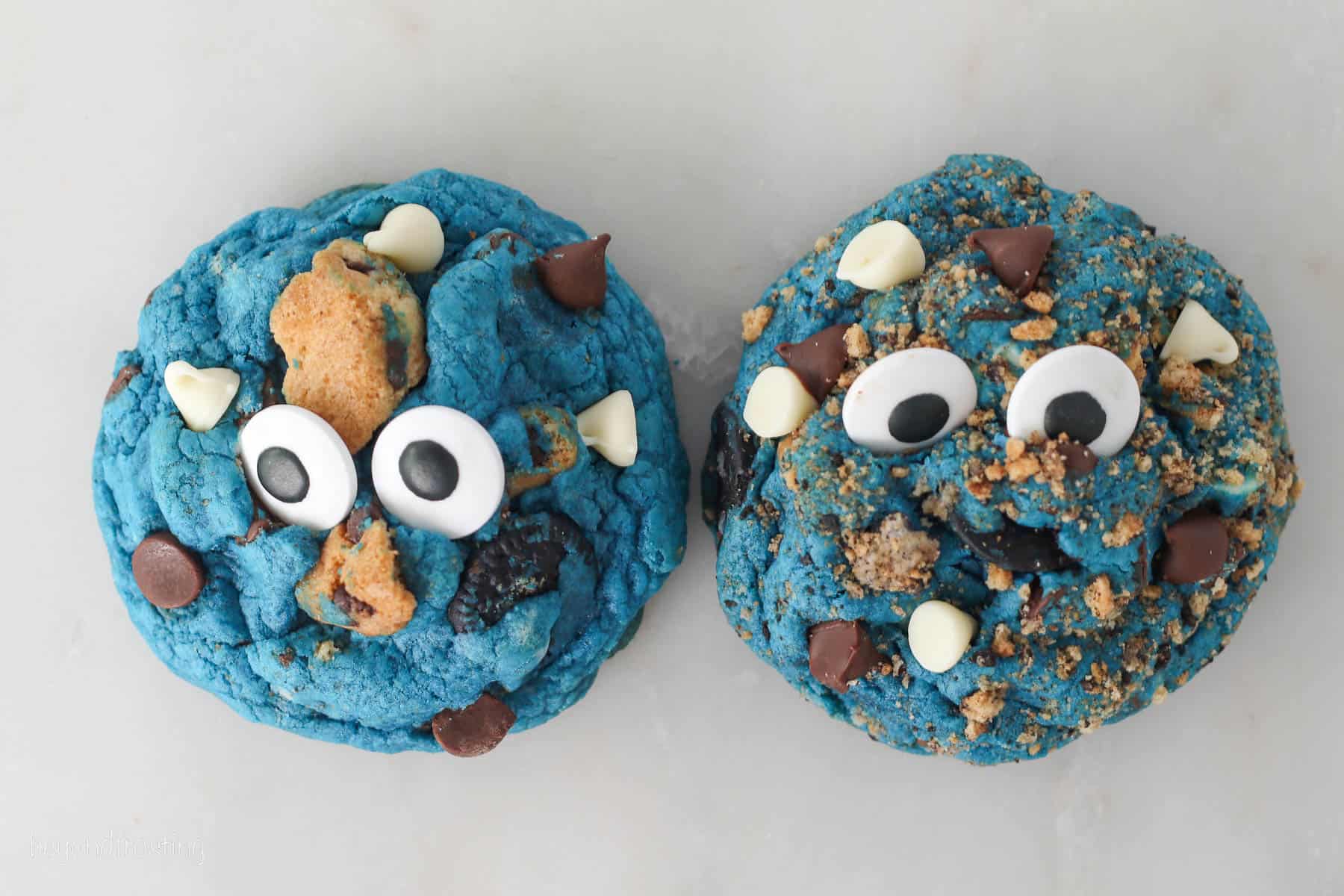 Two Cookie Monster cookies side-by-side, one cookie coated in crumbs and the other without.