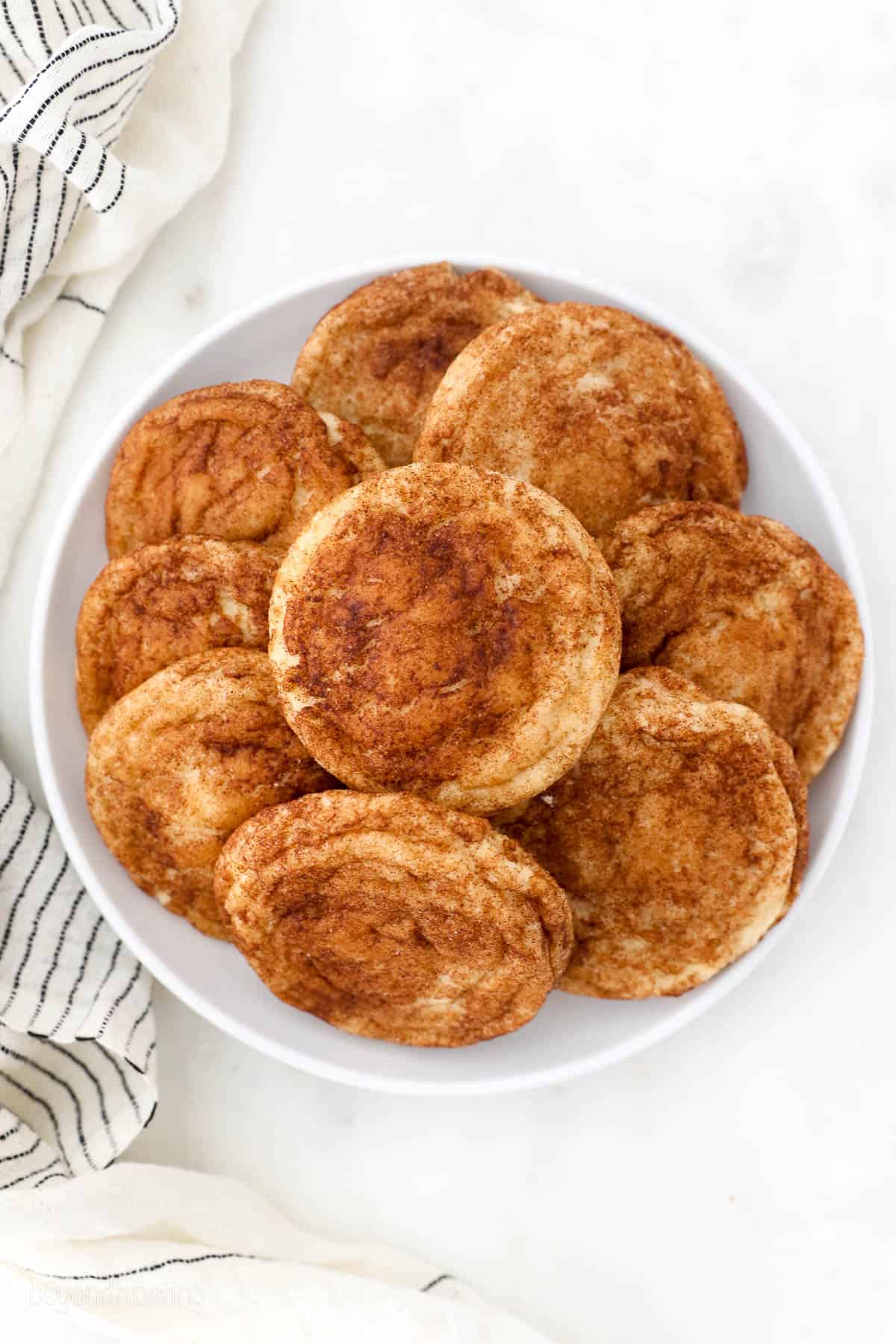 Overhead view of a plate of snickerdoodle cookies.